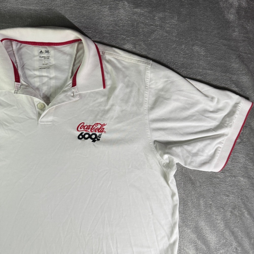 Adidas Coca-Cola 600 NASCAR Polo Shirt Mens Large White Red Climalite Cotton L